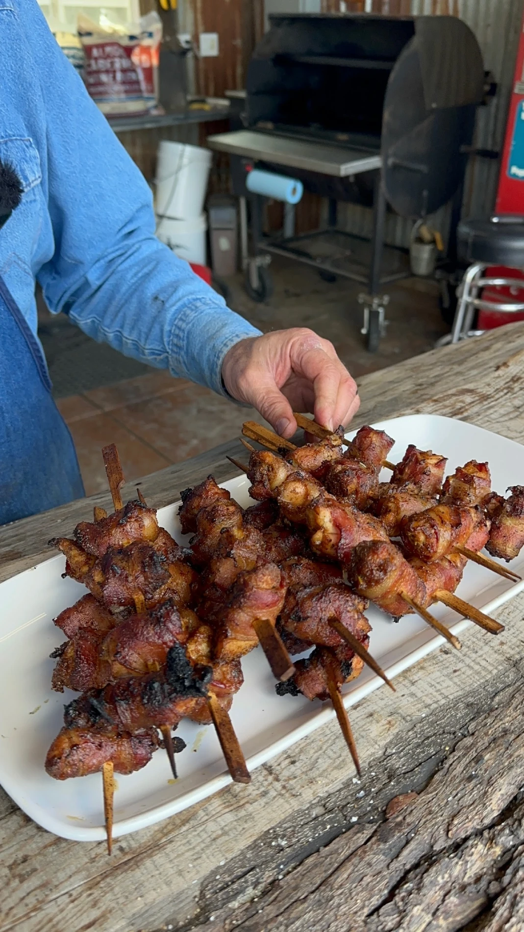 smoked bacon wrapped chicken thigh skewers
